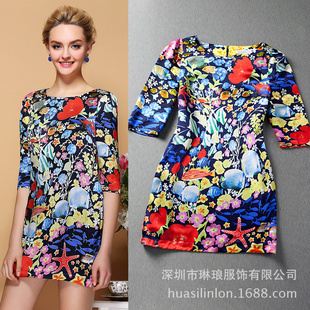 批發(fā)采購(gòu)連衣裙-服裝批發(fā)加盟 品牌女裝 新款 真絲定位印花 海底世界中袖連衣裙女.